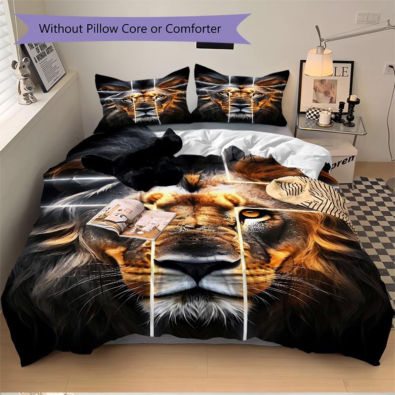 3pcs Lion Face Bedding Set - 1 Duvet Cover + 2 Pillowcases(Core Not Included), Machine Washable Polyester Yy251216130