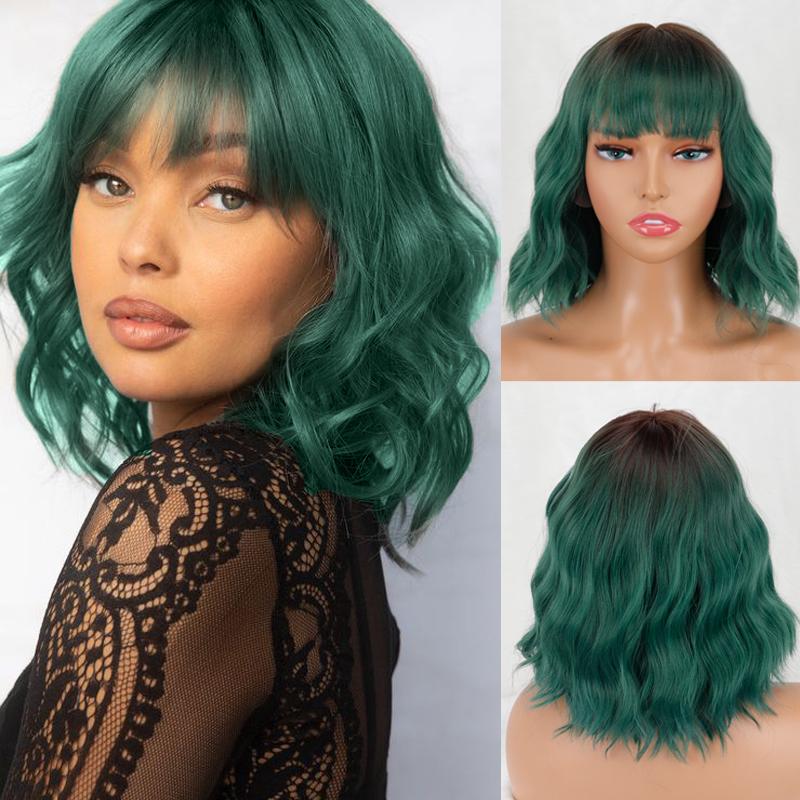 MERISIHAIR Women Short Bob Natural Wavy Pink Wig with Bangs Synthetic Fiber Short Water Wave Wig Daily Wear Cosplay