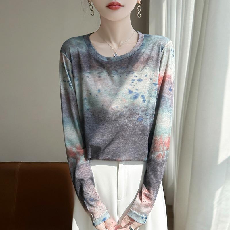 Frühling und Sommer Neuer Stil Rundhals Bedrucktes Langarm Einfaches und Unkonventionelles Muster Basis Oberteil Damen Freizeitkleid XXL grau