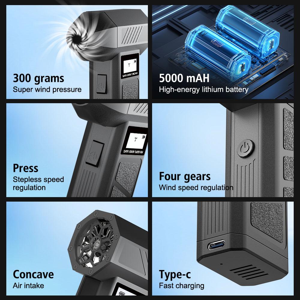 Turbo Jet Fan Gears Adjustable Car Blowing Snow Portable Type C Charger Electric Air Duster Car Accessories Cleaning Blower Tool