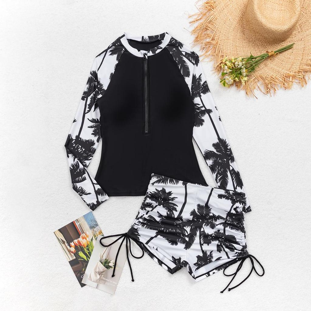 Women's Print Patchwork Zipper Long Sleeve Two-Piece Boyleg Bikini Swimsuit