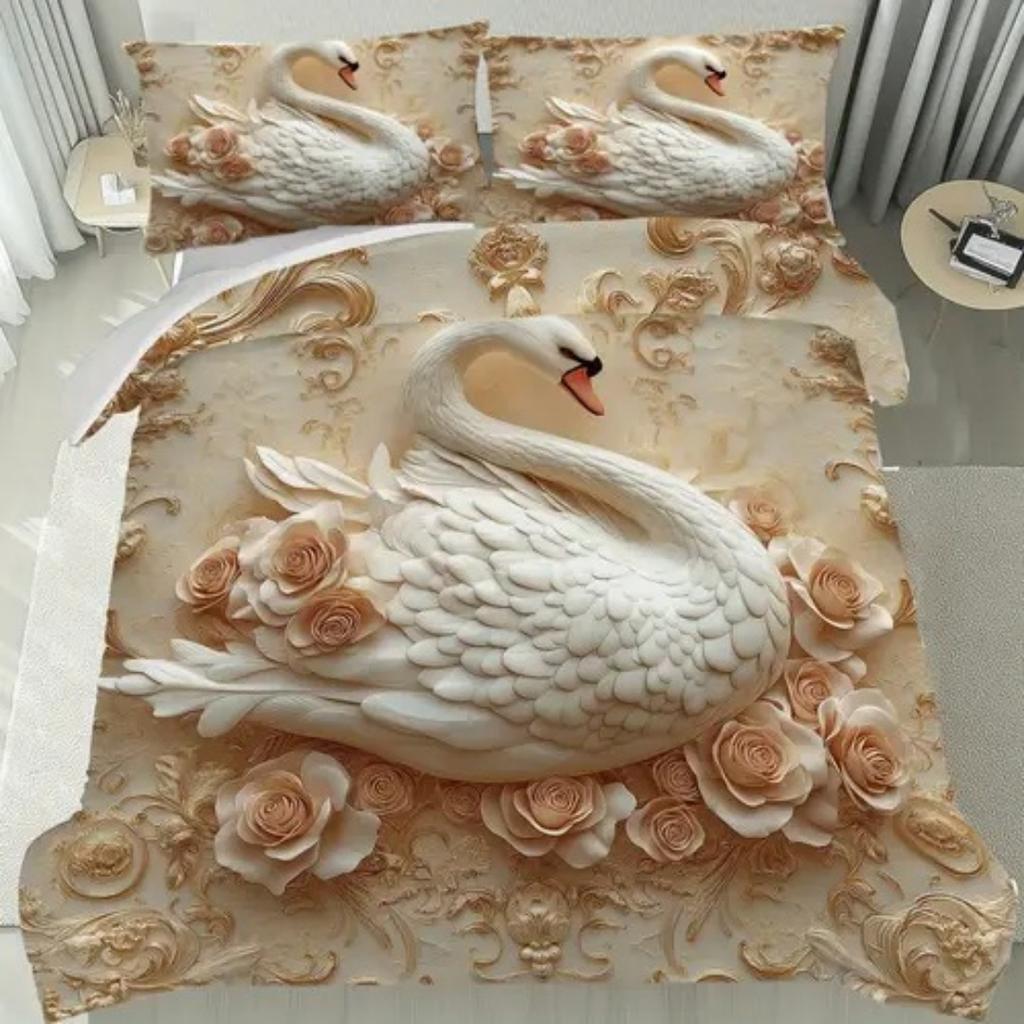Light Color Elegant White Swan Duvet Cover Queen King Size Swan Pearl Bedding Set Four Seasons Universal Room Decoration Luxury