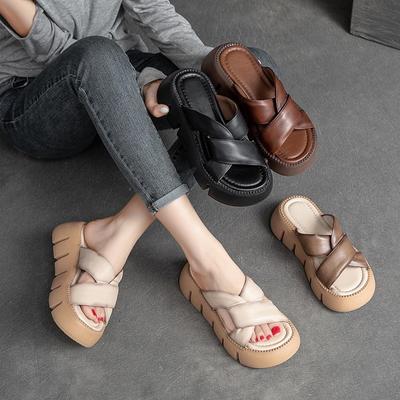 Retro Echtleder Dicke Sohlen Sandalen Frauen Wedges Slides Bequeme Outdoor Plattform Hausschuhe