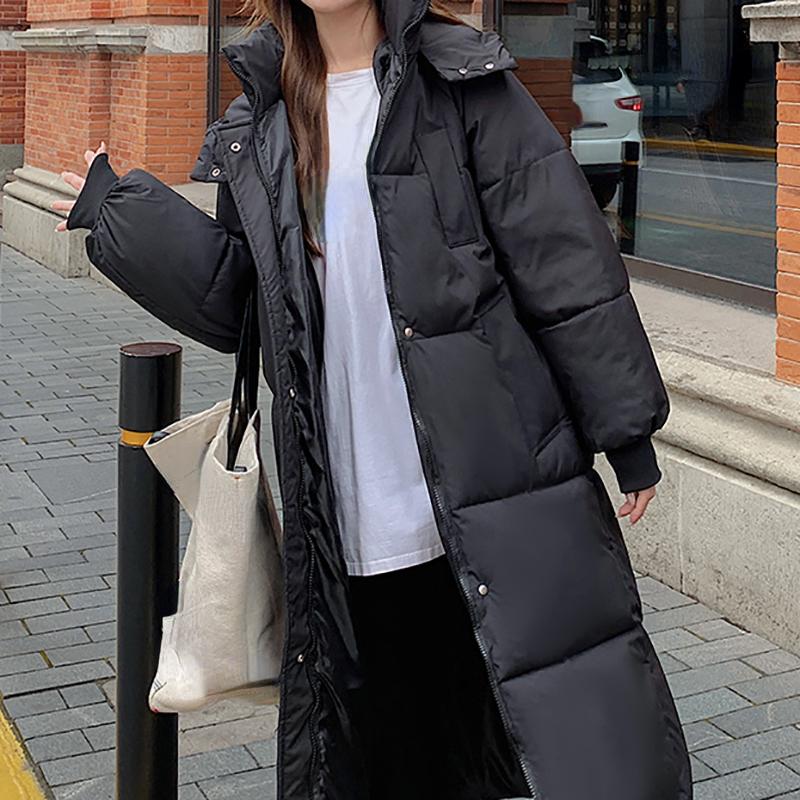 HELIAR Women Autumn Thicken Warm Hooded Long Coat Zipper Button Pocket Casual Down Coat Office Coat Long Sleeve Parkas Winter