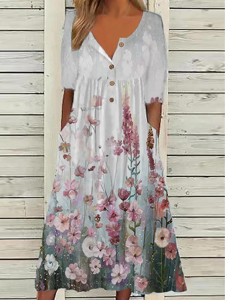 2026 Spring V-Neck Button Short-Sleeve Maxi Dress with Pockets