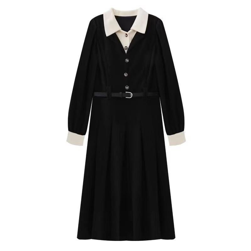 New Xiaoxiangfeng Black Fake Two-piece Dress, Children's Autumn and Winter Teaching Interview Commuting Temperament Long Dress