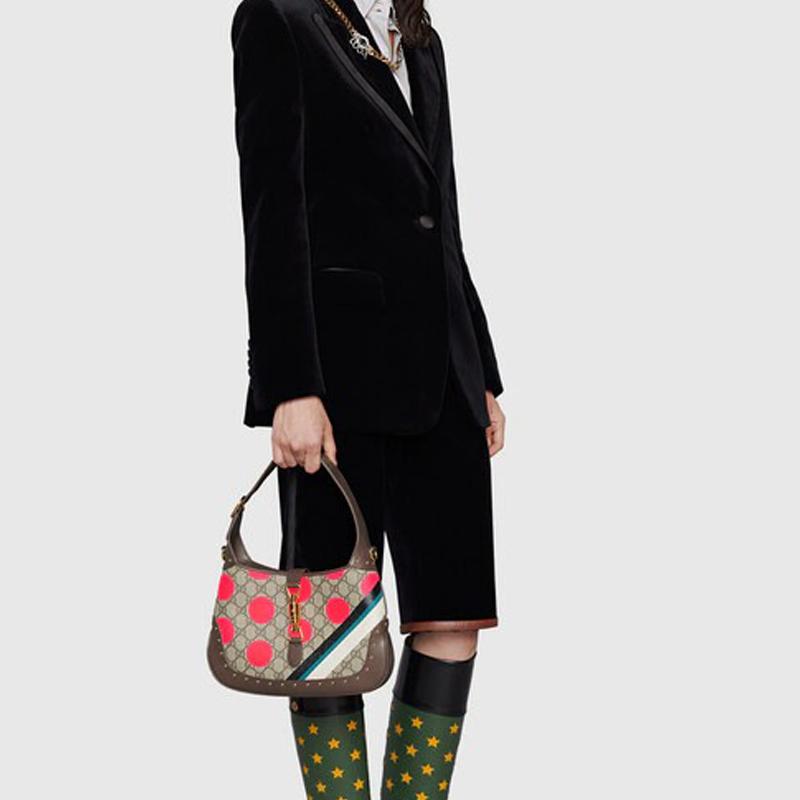 Gucci Jackie 1961 Gold Lock Dot Print Removable Extended Shoulder Strap Canvas And Leather Trim Half Moon Underarm Bag 678843-UQHIG-9885