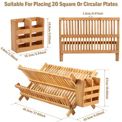 Dish Drainer Drying Rack Bamboo Dishes Drying Rack with 20 Slots 2 Tier Bowl and Dish Holder Utensil Box Collapsible Bowl Holder