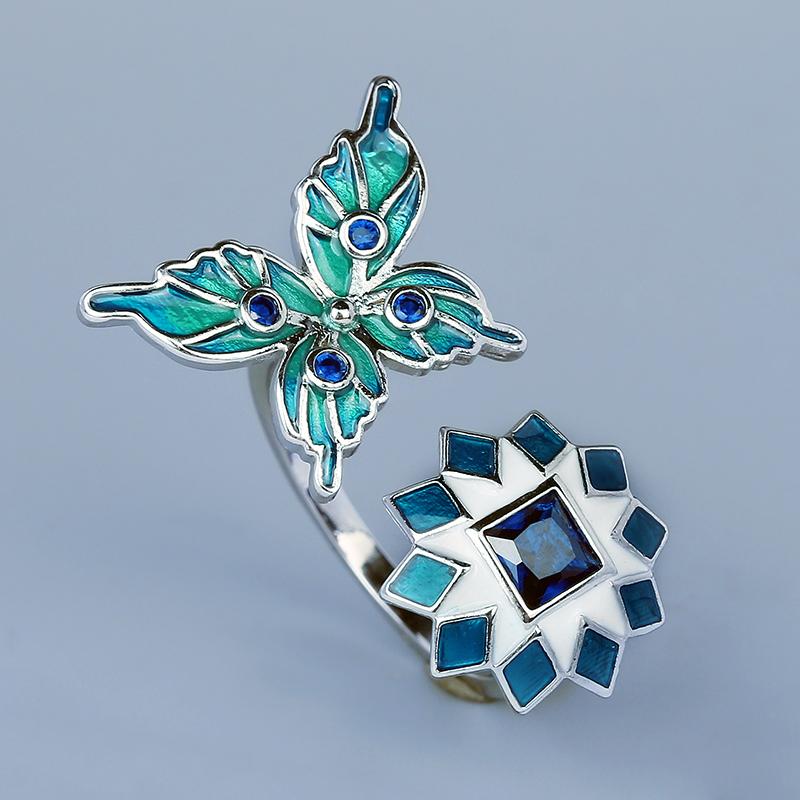 Hot Selling Ring for Ladies Time Butterfly Flower Open Ring Red Green Handmade Enamel  Party  Birthday Gift
