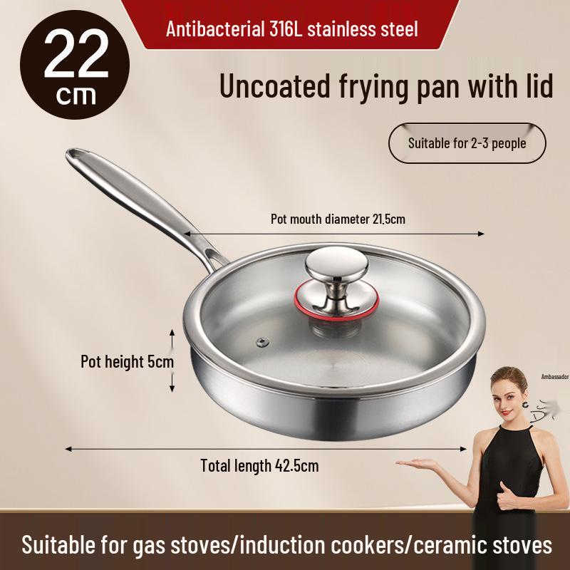 316L Stainless Steel Flat-Bottom Frying Pan with Lid, Non-Stick & No Coating, Multi-Purpose for Stir-Fry
