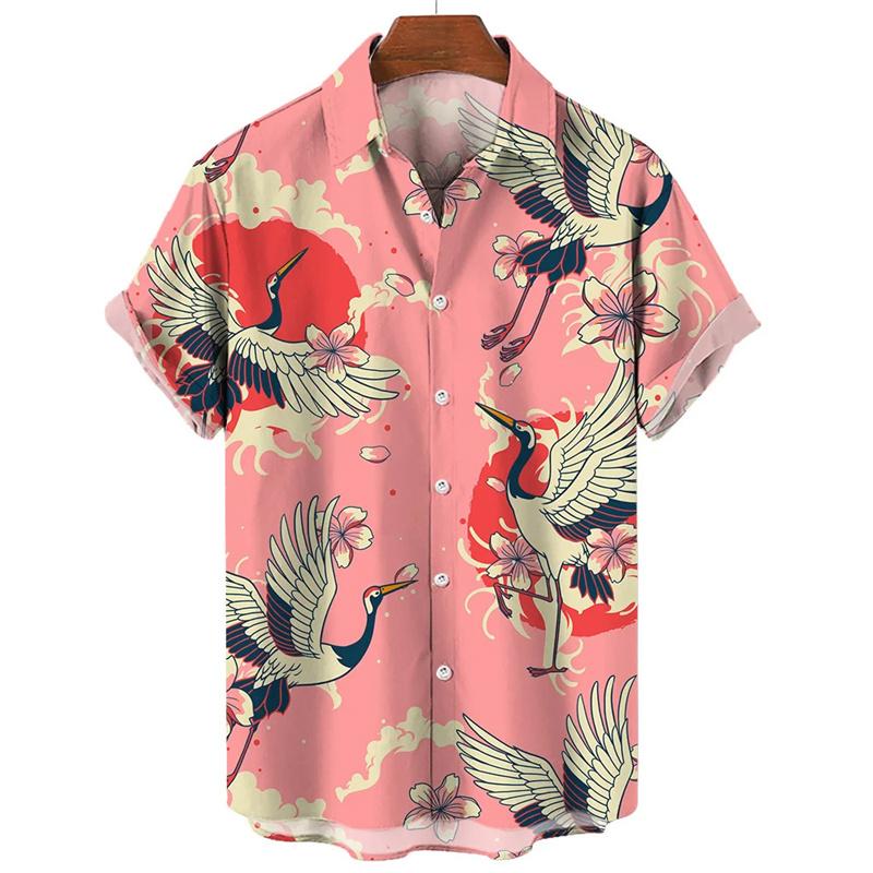 Camicia Hawaiana Animale Retrò Uomo Stampa Gru 3D Manica Corta Ampia Casual Oversize Top Harajuku Street Camicetta a Bottoni