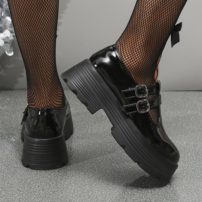 Lucyever Boty na platformě v japonském stylu pro ženy Módní mokasíny z PU kůže s dvojitou přezkou Dámské boty s tlustou podrážkou Gotické boty Dámské