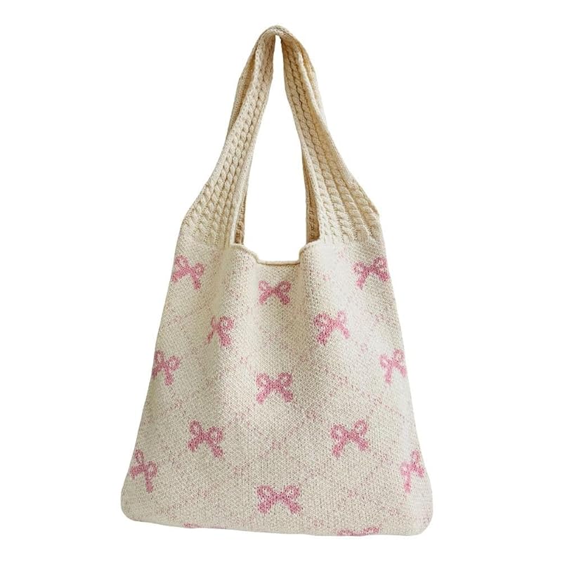 

[Qicarkey] fashion bowknot pattern crochet tote bag aesthetic bag summer beach/travel bag large capacity Y2K fairy grunge ladies Hobo bag (Beige with
