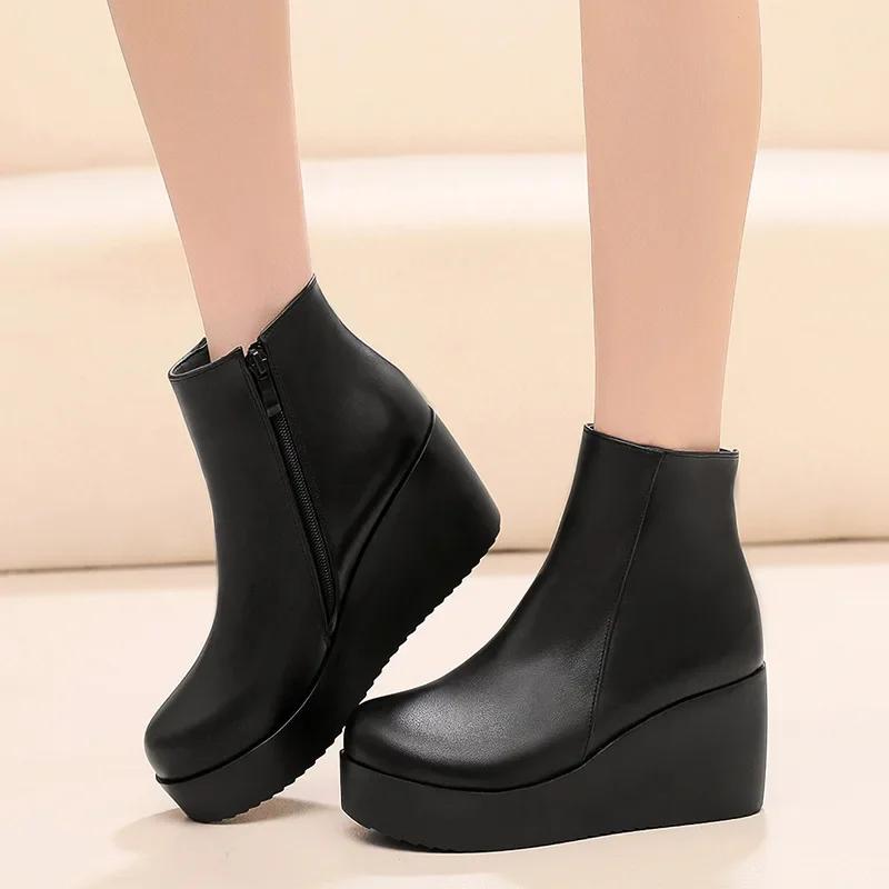 7cm Kleine Größe 33-43 Bequeme Echtleder Stiefel Damen Plateau Keilabsatz Schuhe 2024 Winter Mittlere Absätze Stiefeletten Büro