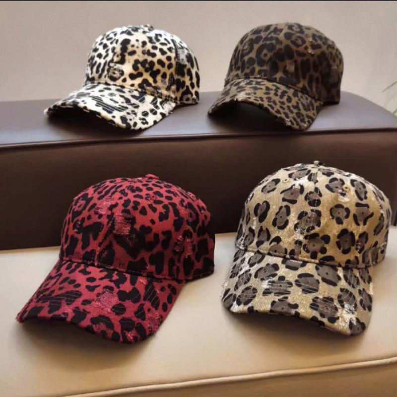 Old ripped casual cap showing face small Korean version Y2K leopard print baseball cap female couple sun hat male