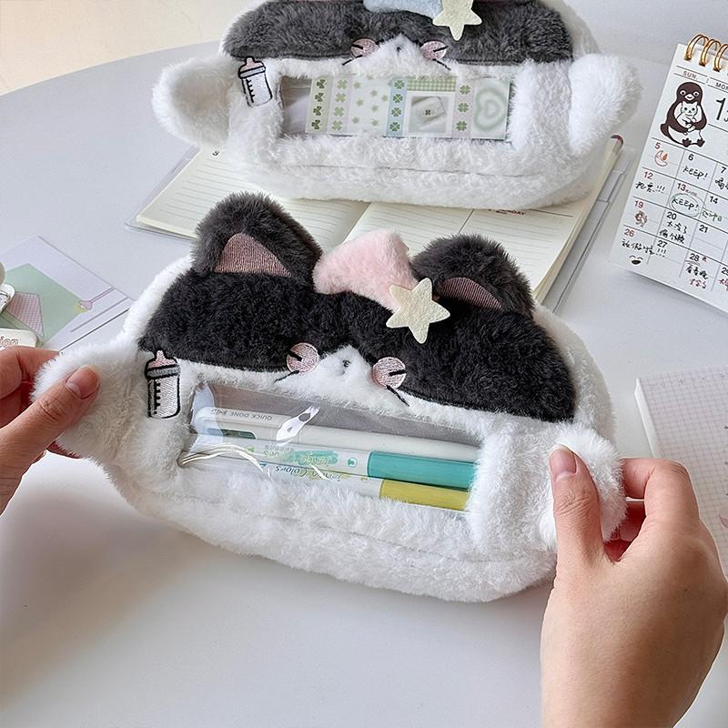 Cartoon Plush Cat Visual Pencil Case Cute Large Capacity Storage Pencil Bags Multi-functional Student Stationery Storage Box
