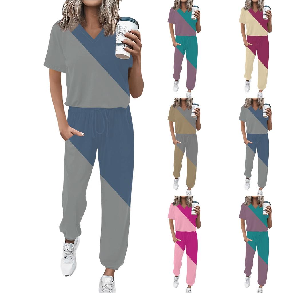 Women's Color Block Loungewear Set Soft Short Sleeve Top and Comfy Jogger Pants for Casual Relaxation