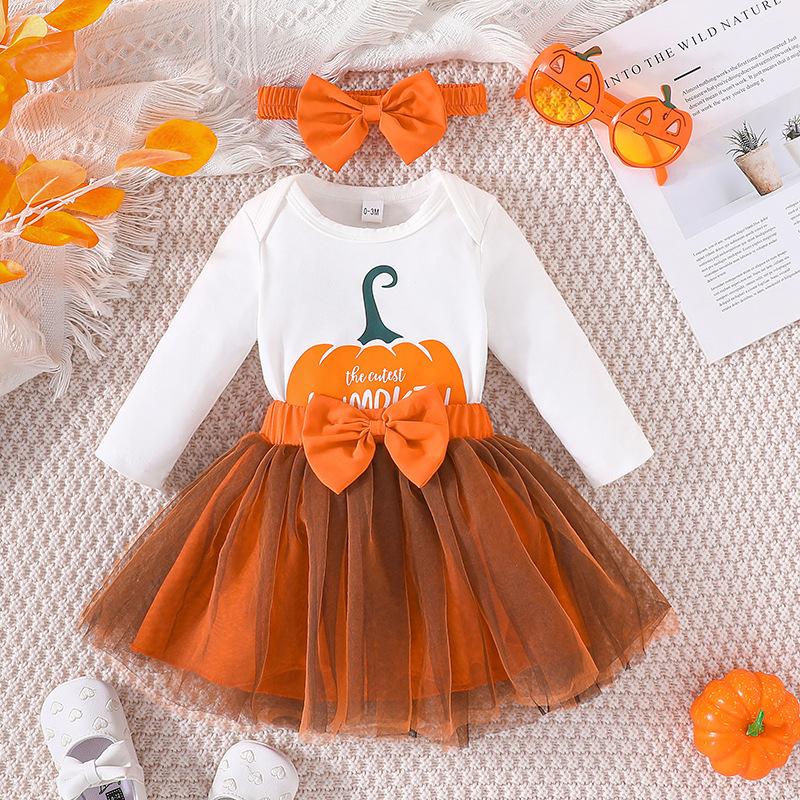 Halloween Pumpkin Jumpsuit + Bowknot Mesh girls Skirt + Headscarf Three-Piece Set children's clothing