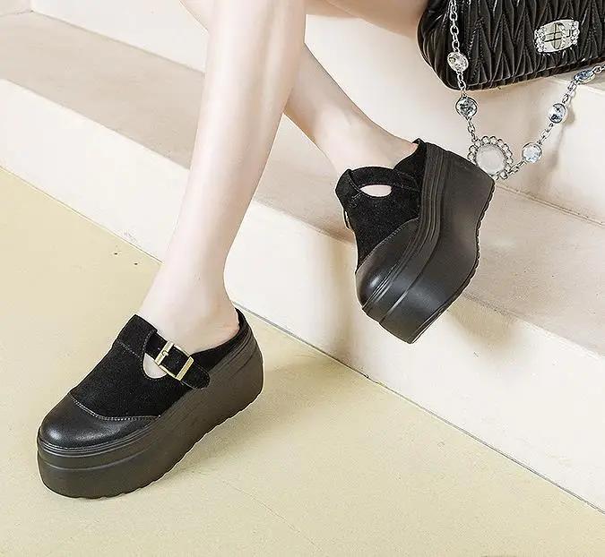 8cm Cow Suede Genuine Leather Summer Women Zandalias De Mujer Females Buckle Platform Slippers Wedge Flat Sandals Slides Shoes