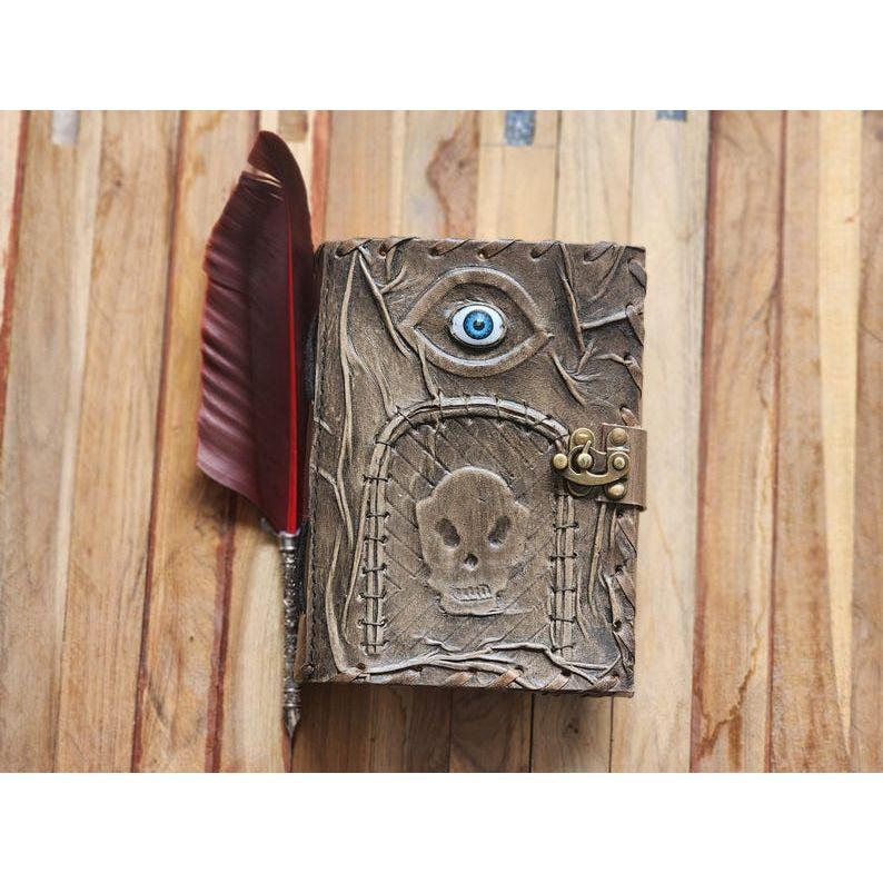 Gothic Spellbook Journal with Skull & Eye Design | 200 Page Fantasy Leather Notebook | Dark Aesthetic Grimoire with Lock, Book of Shadows