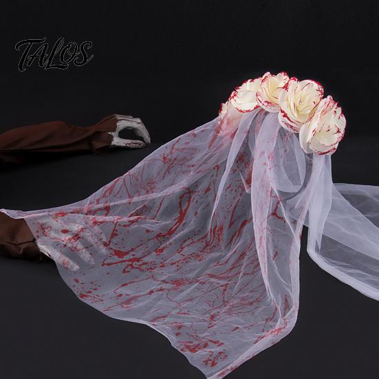 Tiara Cabeça de Rosa Talos, Véu Manchadode Sangue para Noiva Zumbi de Halloween, Aro de Cabelo de Malha Respirável com Design de Peça Única para Cosplay Temático de Casa Assombrada