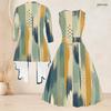 Women Plus Size Two Piece Dress Set 3 4 Sleeve Open Front Cardigan Sleeveless Round Neck Tie Waist Flared Dress Blue Black Printed