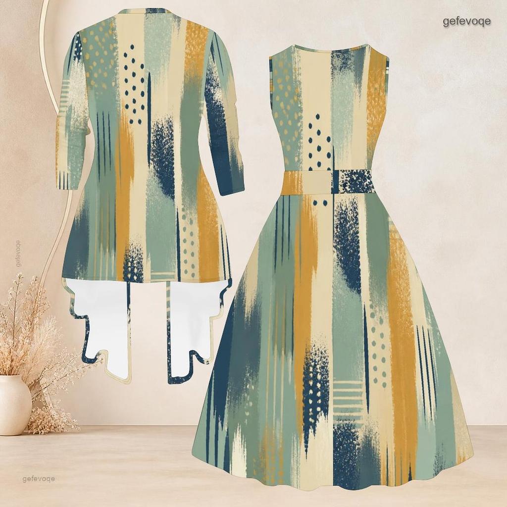 Women Plus Size Two Piece Dress Set 3 4 Sleeve Open Front Cardigan Sleeveless Round Neck Tie Waist Flared Dress Blue Black Printed