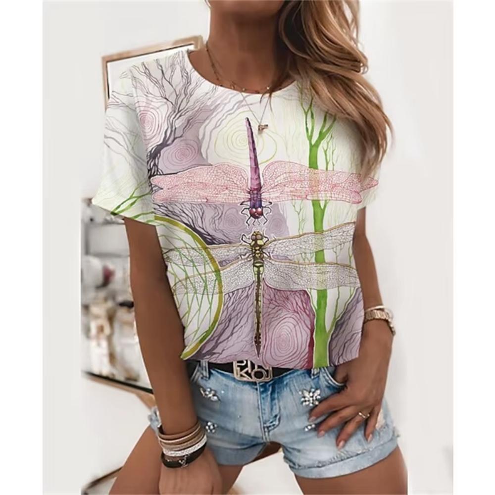 Fashion art floral pattern T-shirt for ladies, summer casual printed outfit