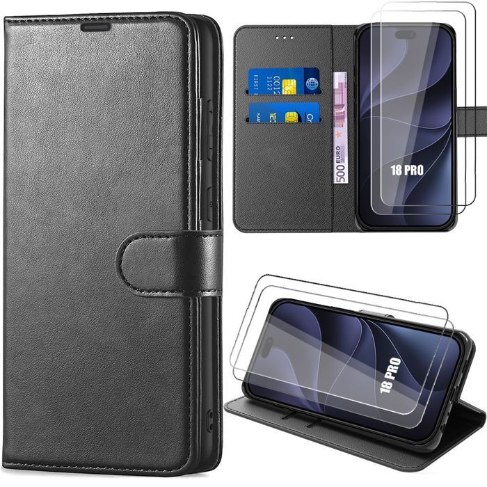 Coque + 2 Verres Trempés pour iPhone 18 Pro, Protection Anti-Rayures Antichoc Synthécuir Noir