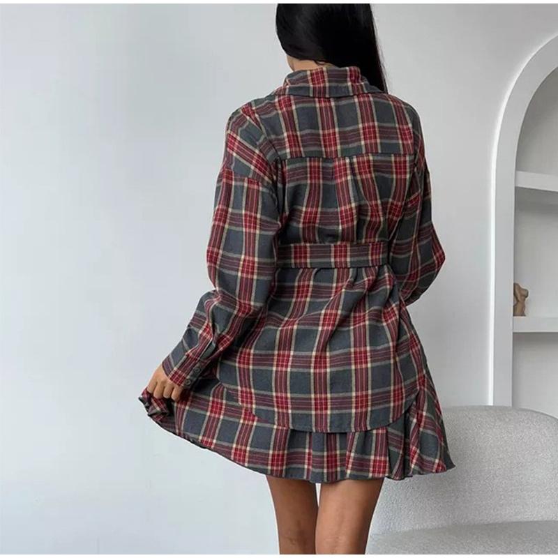 Loose Plaid Long Sleeve Shirt and Half Skirt Set Women's Versatile Turn-down Collar Wide Waist Belt 2025 Spring New