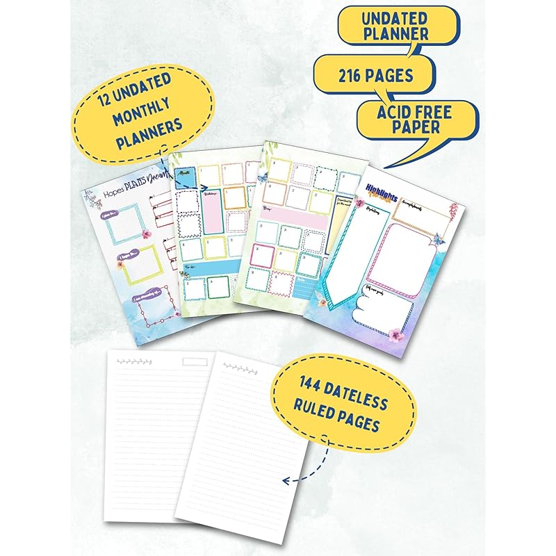 Doodle Undated Yearly Planner | A5 Wiro Hard Cover | 216 Ruled Pages | 80 GSM | 100+ Stickers, Monthly & Daily Planner,