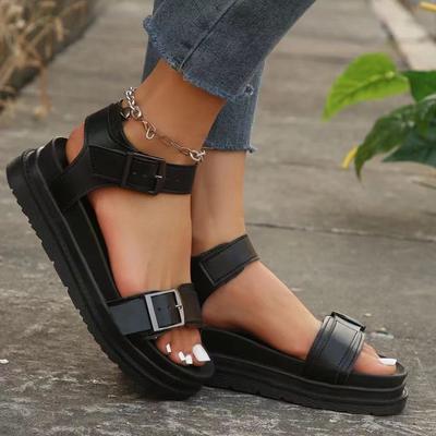 2024 Zomer Nieuwe Effen Kleur Dikke Zool Sandalen met Gesp Modieuze Casual Strandsandalen Eén-lijns Gesp Sport Dames Schoenen