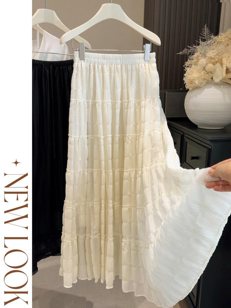 2026 Spring/Summer High-Waisted Slimming A-Line Pleated Skirt for Women - Gentle Sweet Cake Style, Hip-Covering and Long Length.