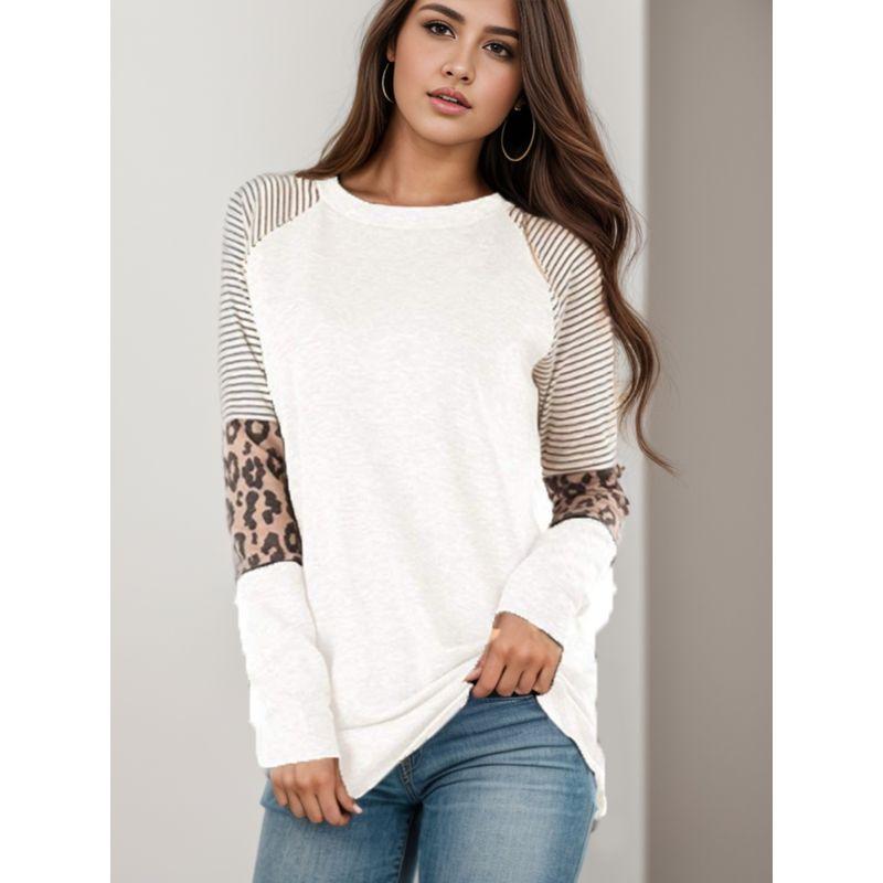 Cross-Border Fashion Autumn New round Neck Stripes Leopard Print Print Contrast Color Raglan Sleeve Long Sleeves T-shirt Women's Fashion All-Matching