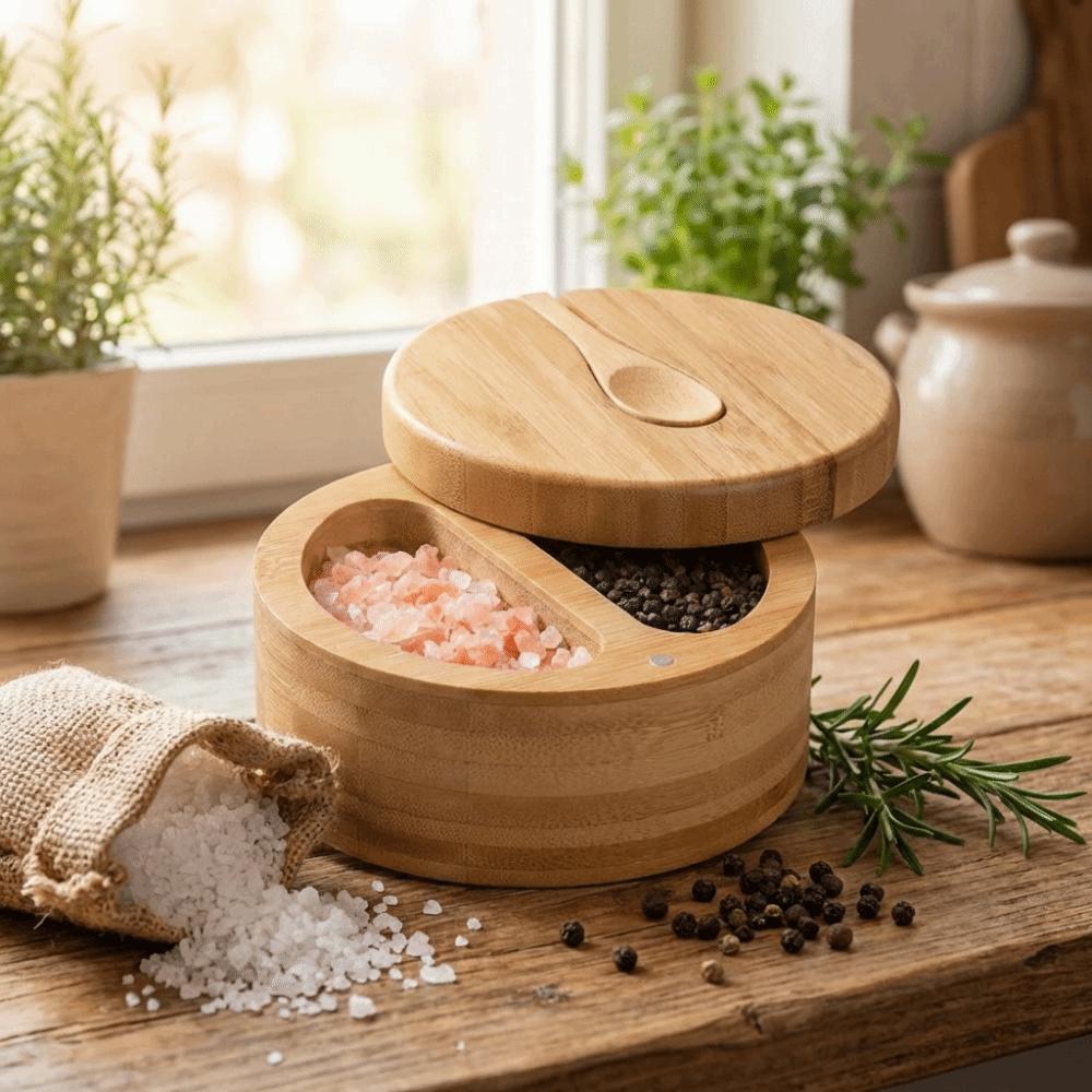 Swivel Lid Wood Spice Box Multifunctional Kitchen Condiment Pots  Kitchen Organizer