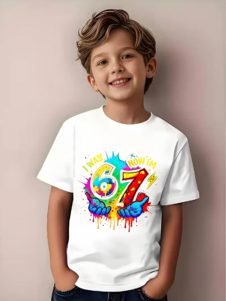 Funny Six Seven 67 Meme T-Shirt for Kids 7 Years Old Birthday Party Gifts Summer Short Sleeve Tees Crew Neck Children's Clothing