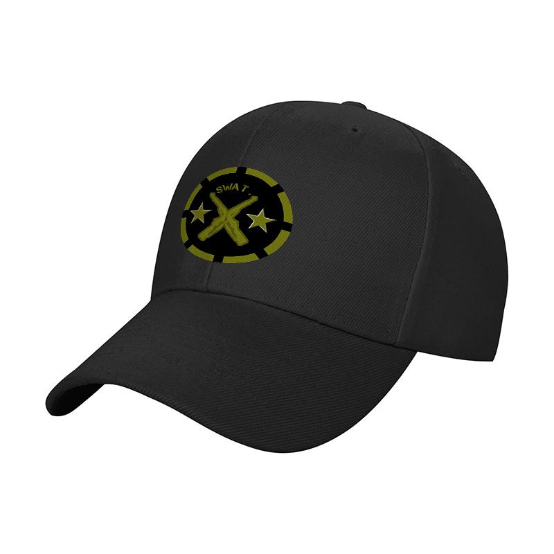 SWAT Logo Black Baseball Cap with Yellow Emblem and Star Design for Tactical Style and Urban Fashion Look