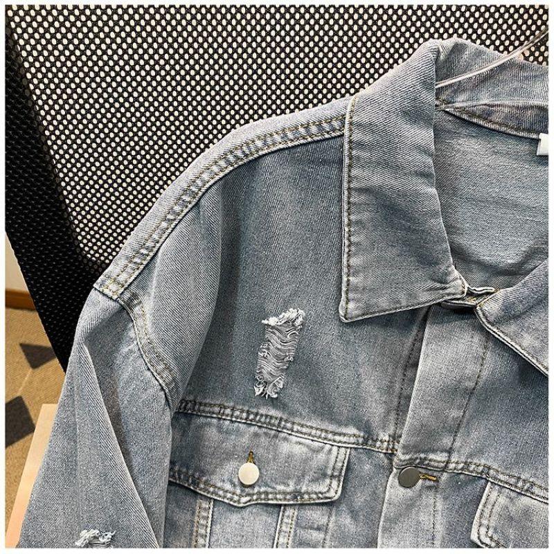 Korean Version of INS Spring and Autumn Letter Print Ripped Denim Jacket Men's American Street Tide Brand Ruffian Handsome Loose Top