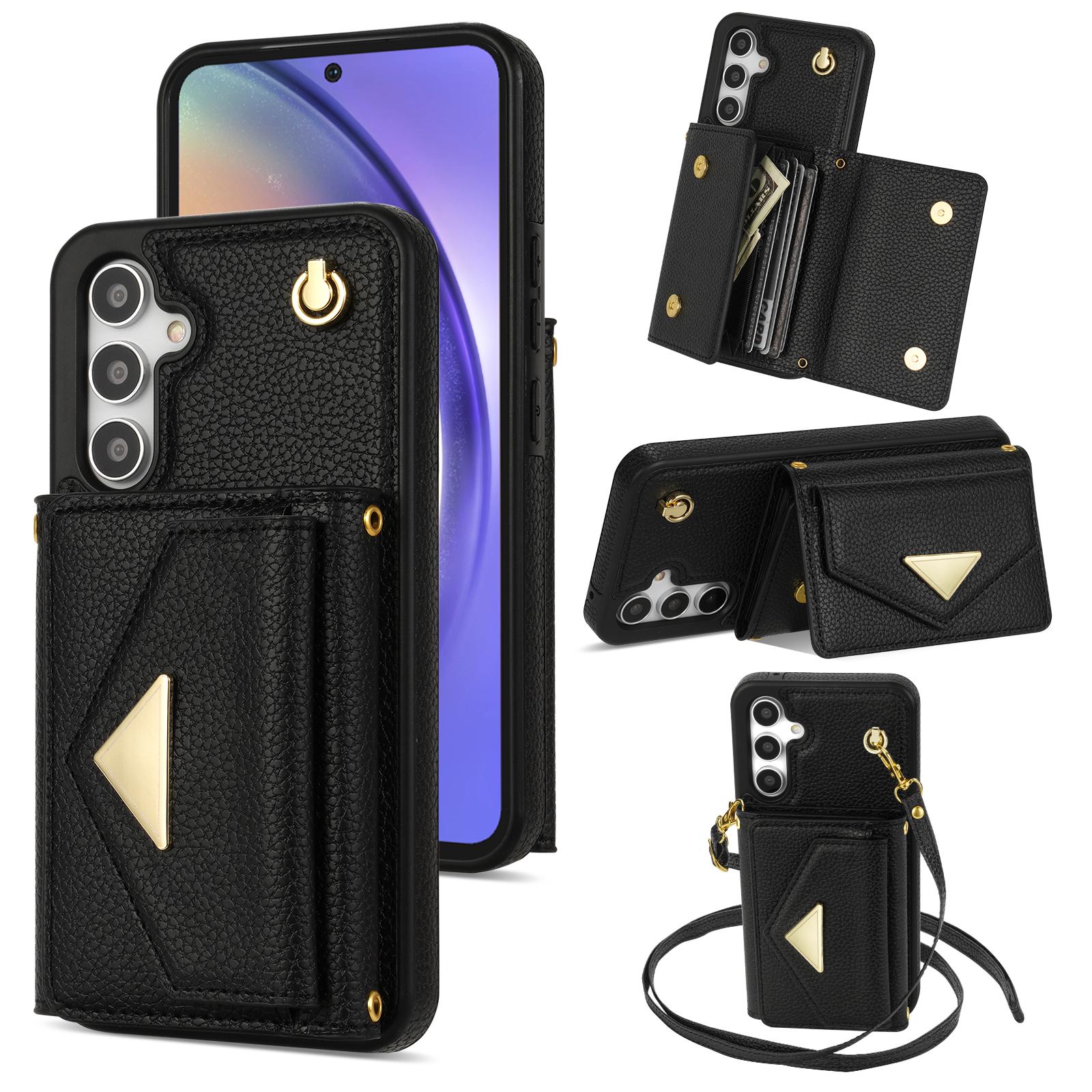 

For Samsung Galaxy S25+ Case Card Slots PU+TPU Cell Phone Cover with Long Strap Black