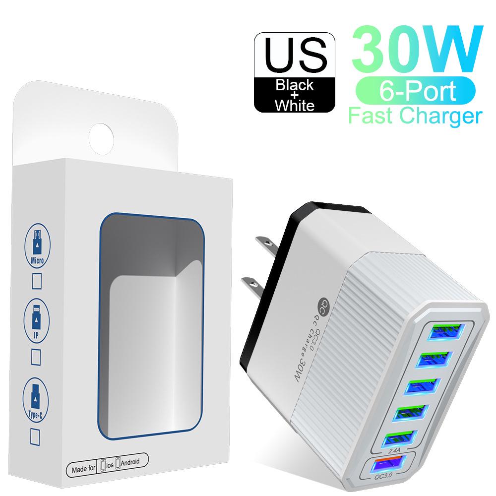 QC3.0 30W Six-Port Fast Charger with EU/US/UK/AU Plugs