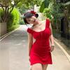 Red Holiday Lace-up Short-sleeved Dress Women's Summer New Slim-fit Spice Girl A-word Skirt Waist Beautiful Short Skirt