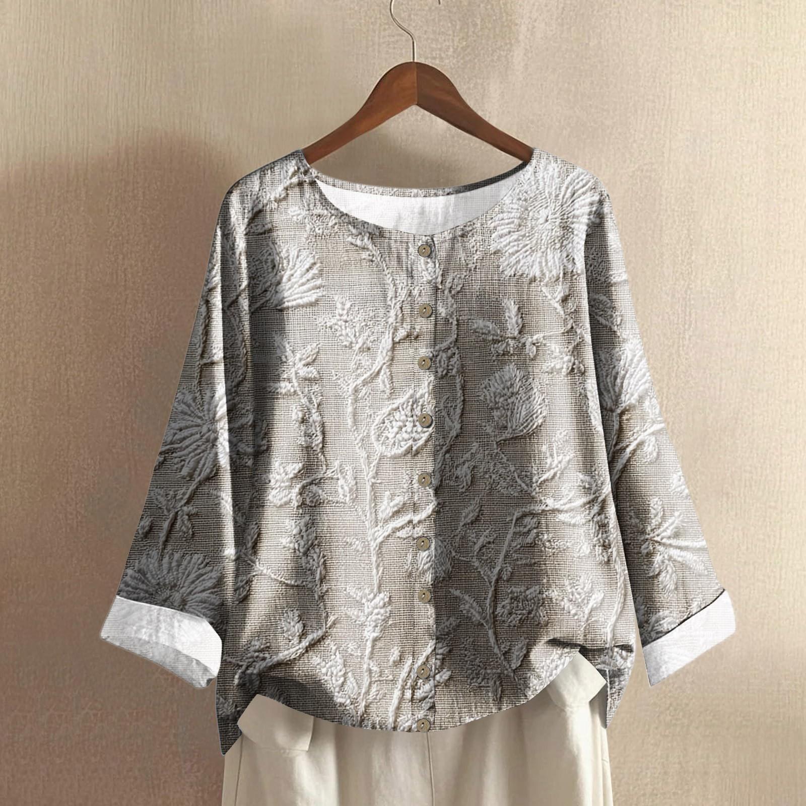 

Женская модная и повседневная рубашка с длинным рукавом, круглым вырезом и принтом, блузка-топ из хлопка и льна XL