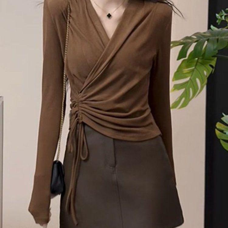 Plus Size Autumn 2025 V-Neck Cross Design Long Sleeve Slimming Women's Top