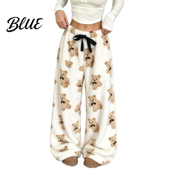 Bear Print Pajamas Women Plush Sleeping Pants Wide Leg Pajama Bottoms Pants Thickened Warm Lounge for Autumn Winter Home Wear Bottoms