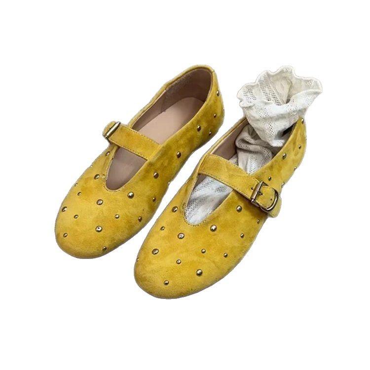 Soft leather version~ frosted leather shallow mouth small single shoes women's retro rivet round head Mary Jane shoes flat comfortable grandma shoes