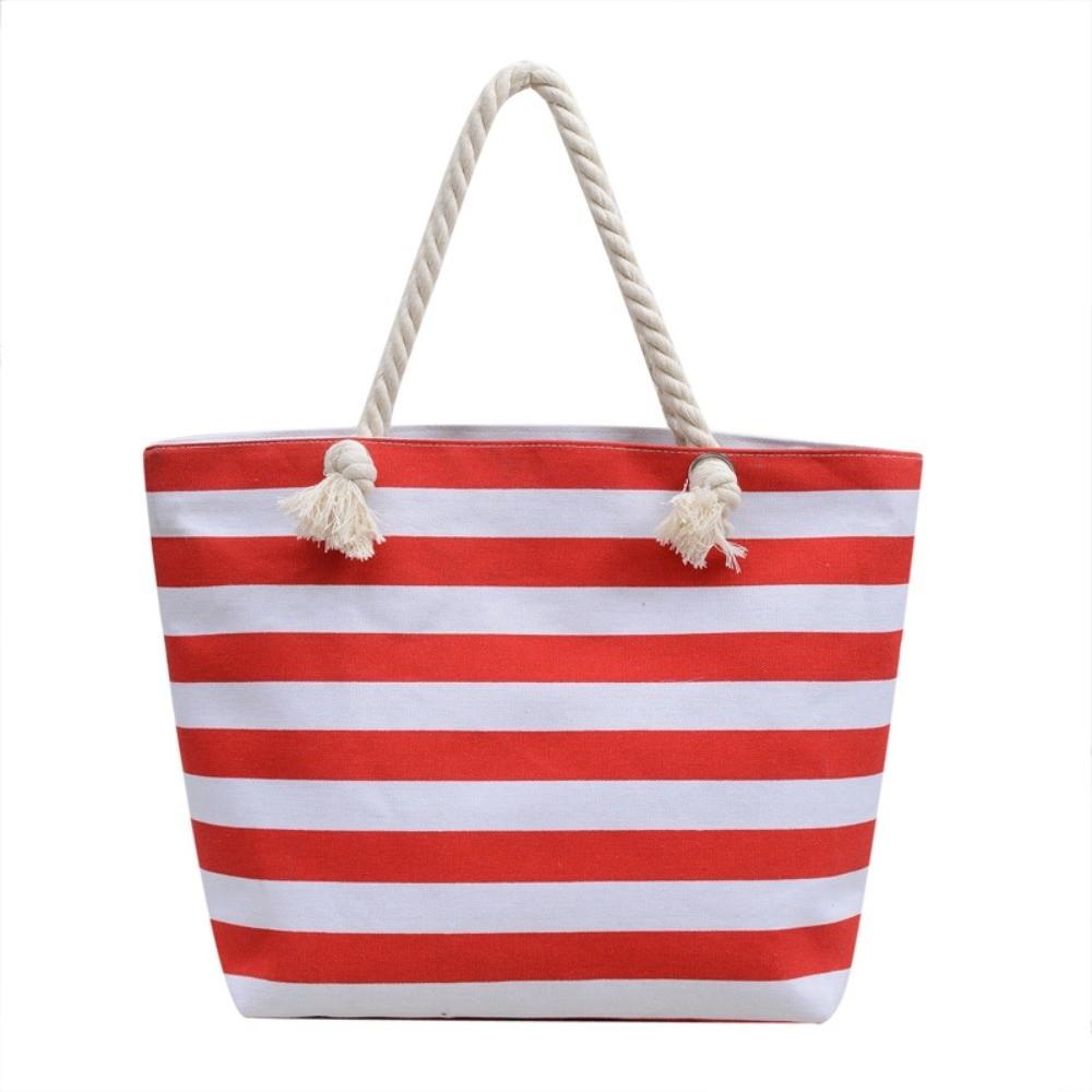 Striped Beach Tote Bag Large Capacity Foldable Travel Handbag Zipper Canvas Shoulder Bag For Travel Work Beach Gym Store