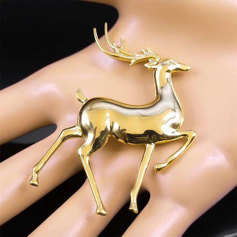 Fashion Elk Deer Brooch for Women's Clothing Accessories Stainless Steel Gold Color Men's Animal Pins Jewelry Christmas Gift