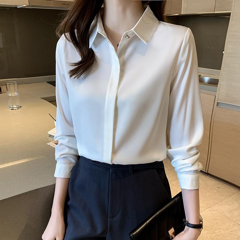 French Long-sleeved Women s Shirt Spring New Acetate Satin Temperament Versatile Loose Casual Commuting Shirt S