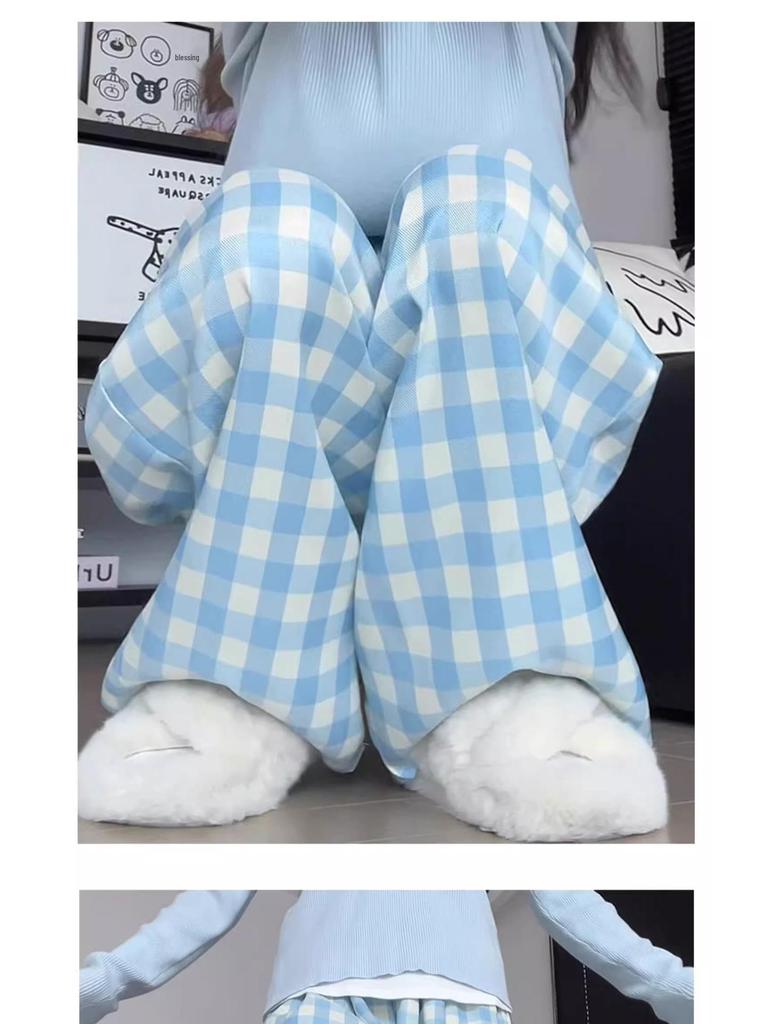 Damen Blaue Karomuster High-Waist Weitbein Petite Hose - Frühling/Sommer 2025 Kollektion