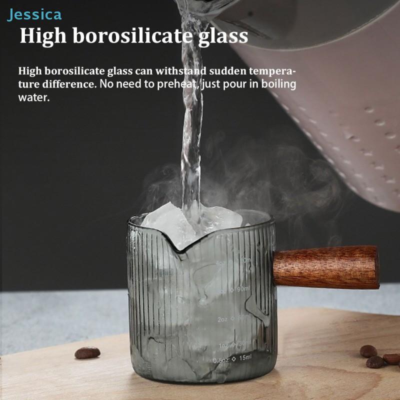 Ribbed Glass Milk Frothing Cup with Wooden Handle - 120ml Measuring Cup for Coffee & Milk